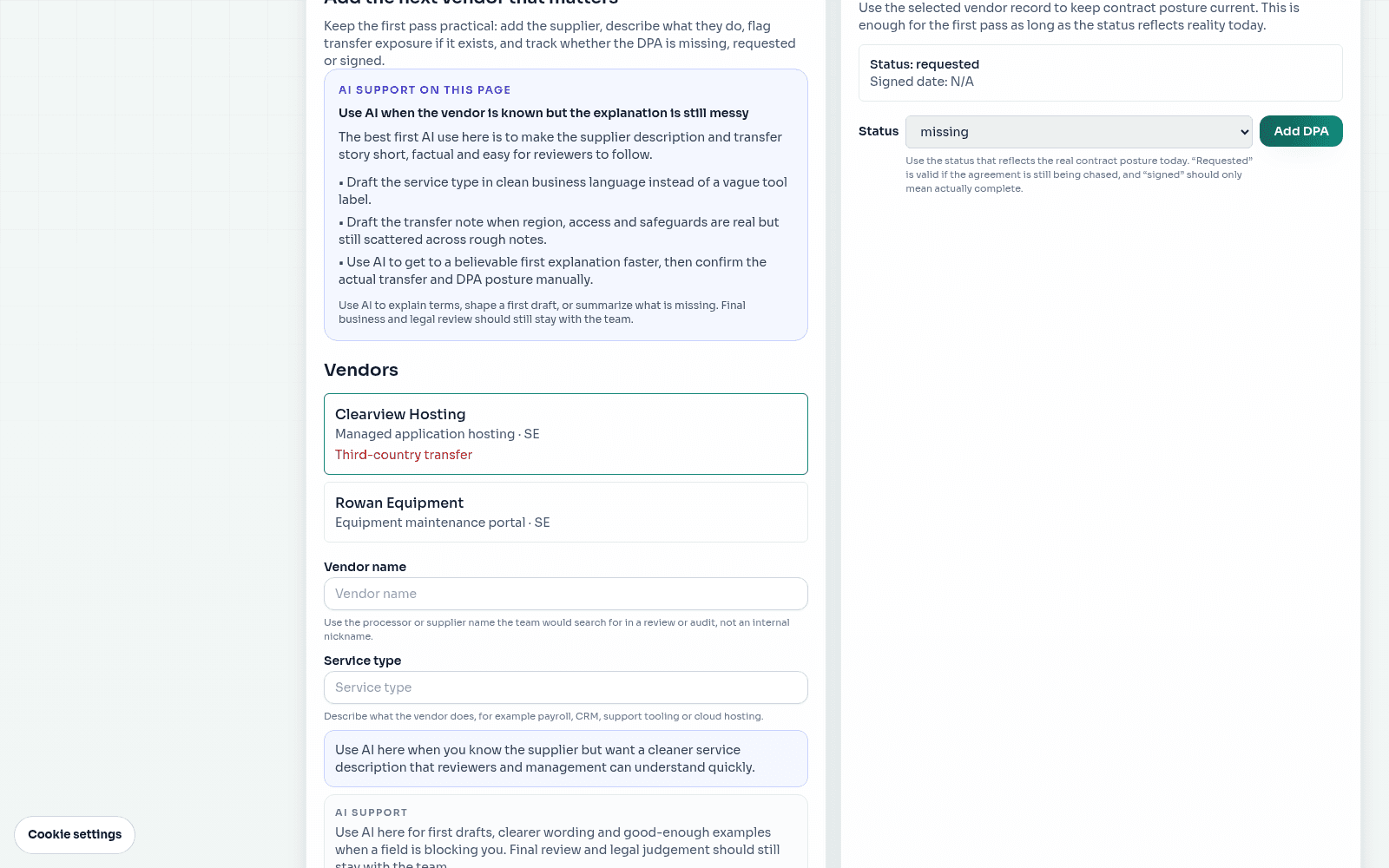 Aura vendor view connecting assessment questions, evidence, decisions and follow-up.