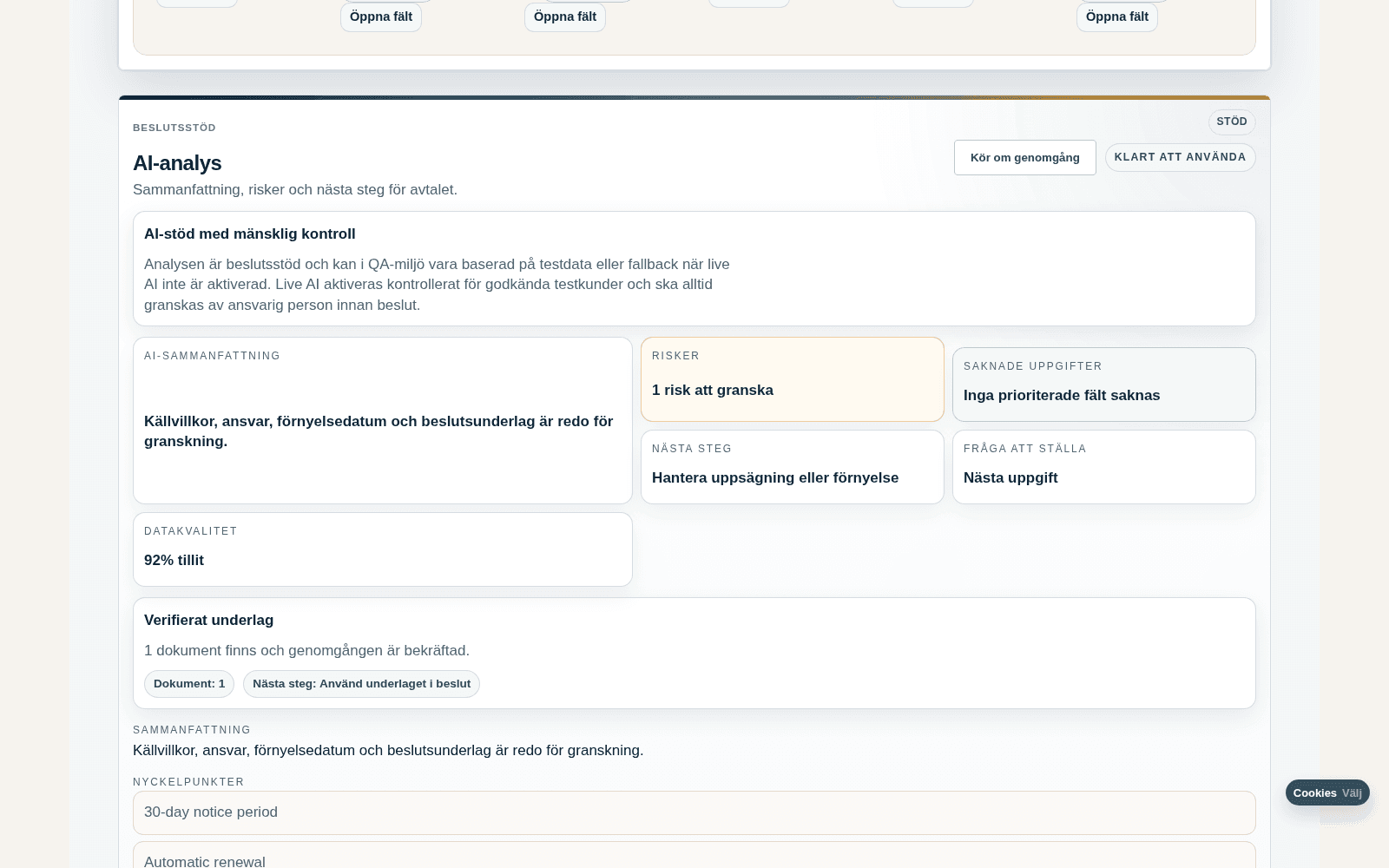MinaAvtal agreement view connecting source documents, contract terms, confidence, owner and next action.