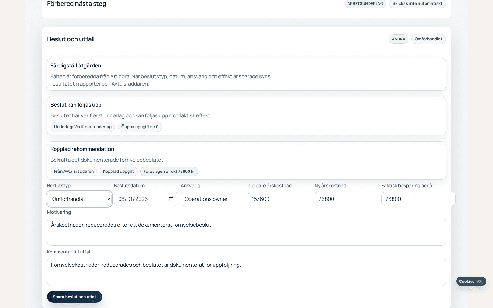 MinaAvtal outcome view documenting a contract decision and verified financial result.